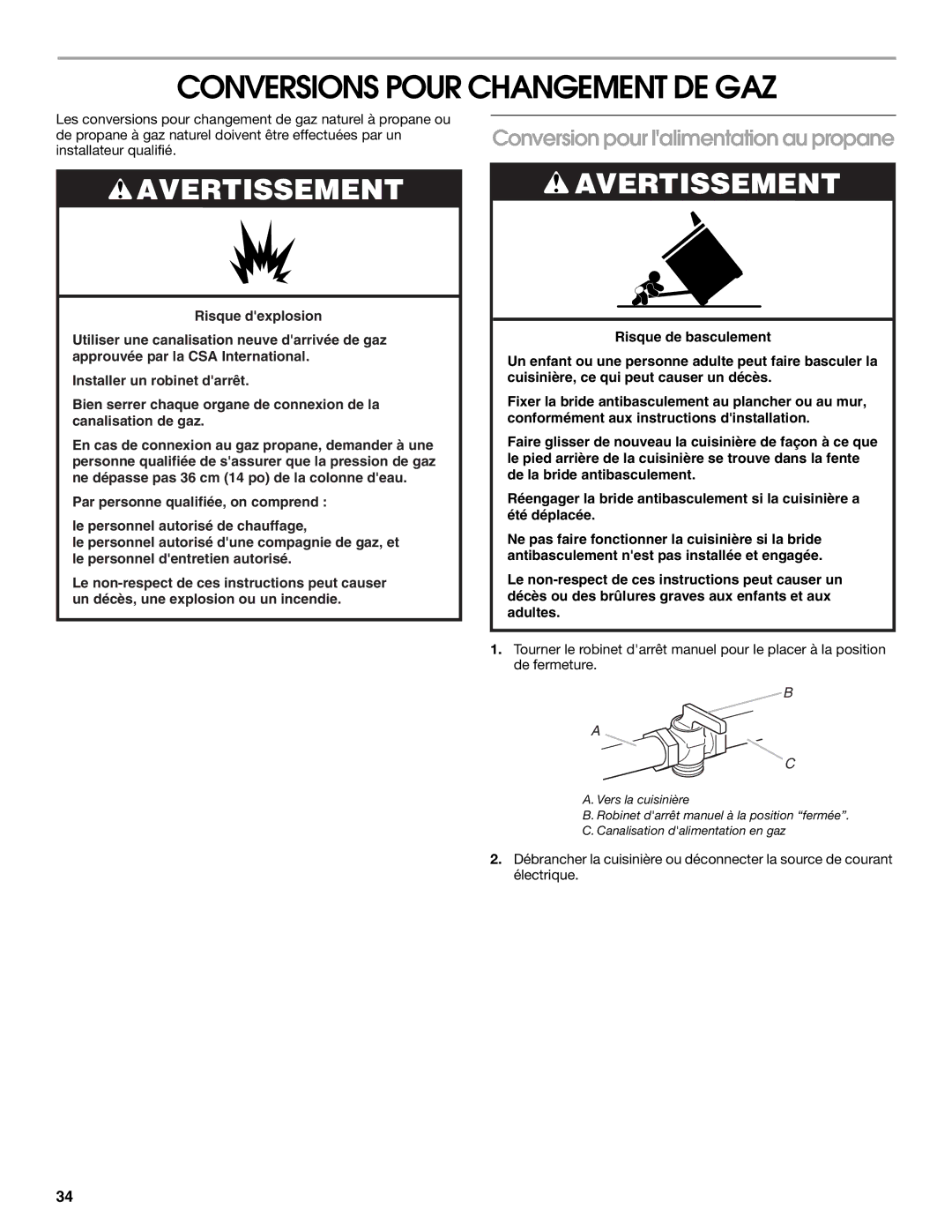 Whirlpool W10553363A installation instructions Conversions Pour Changement DE GAZ, Conversion pour lalimentation au propane 