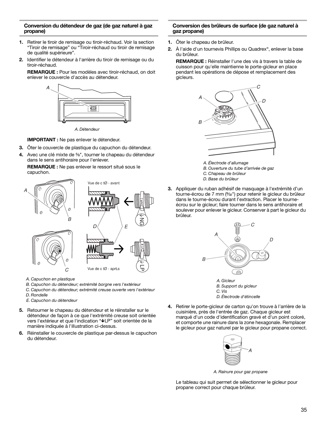 Whirlpool W10553363A installation instructions Conversion du détendeur de gaz de gaz naturel à gaz propane 