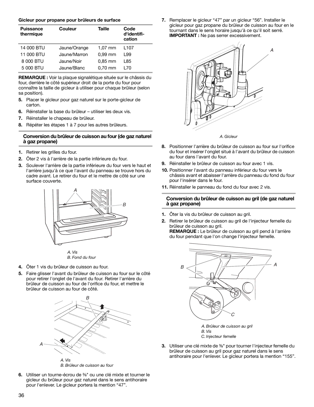 Whirlpool W10553363A installation instructions Gaz propane, Conversion du brûleur de cuisson au four de gaz naturel 