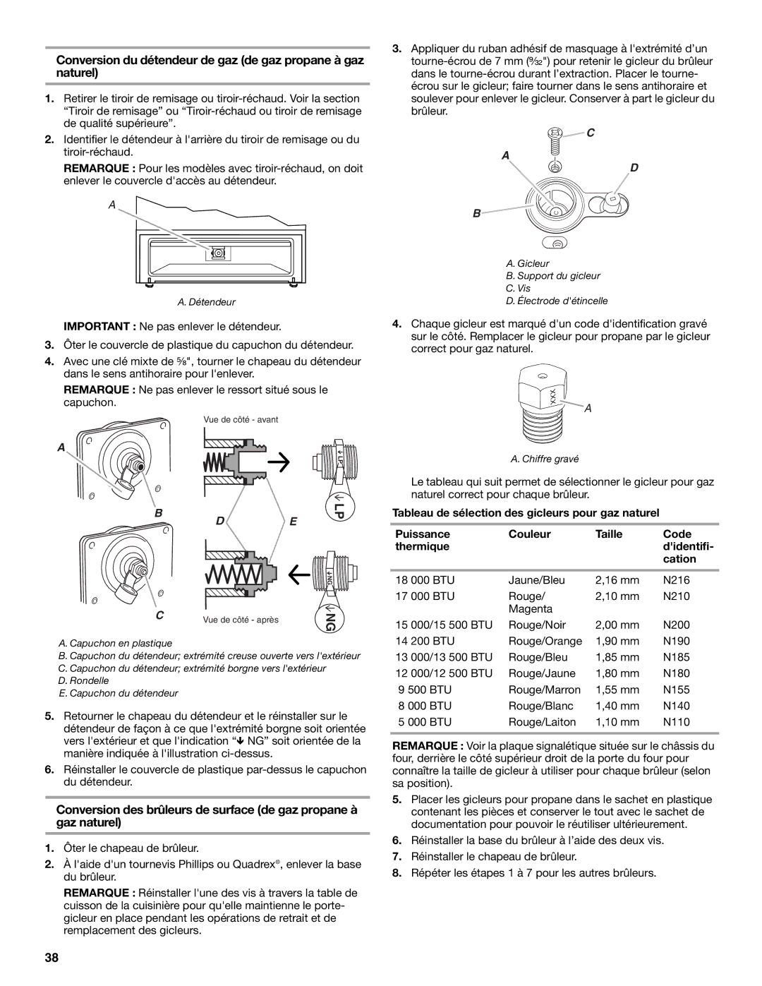 Whirlpool W10553363A installation instructions Conversion du détendeur de gaz de gaz propane à gaz naturel 