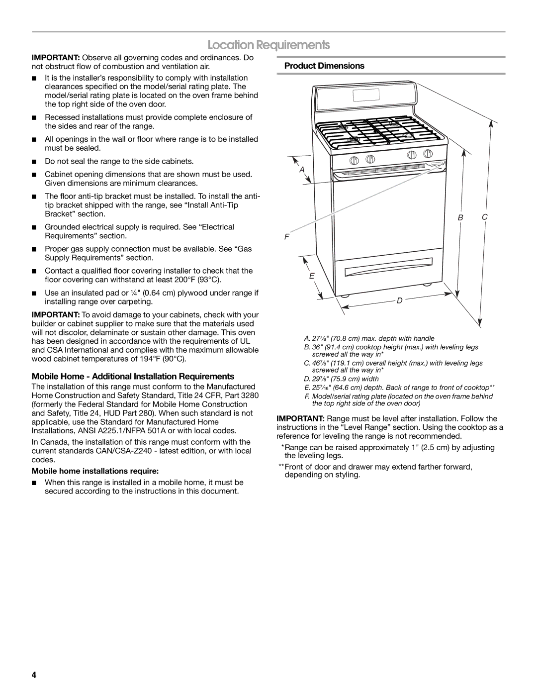 Whirlpool W10553363A Location Requirements, Mobile Home Additional Installation Requirements, Product Dimensions 