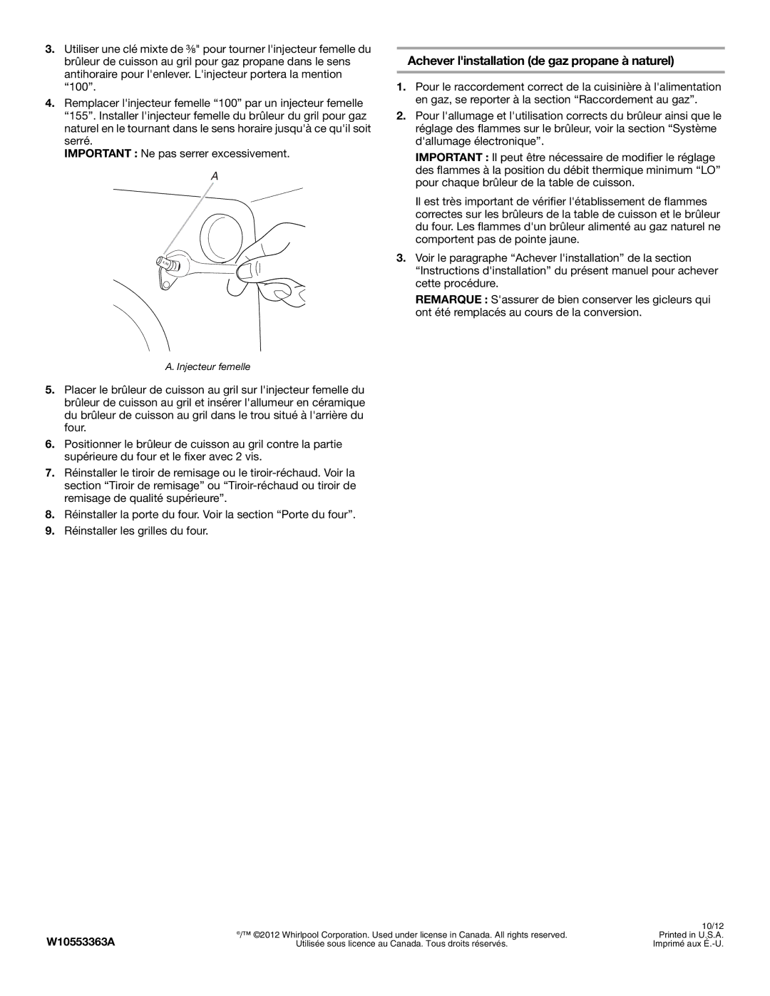 Whirlpool W10553363A installation instructions Achever linstallation de gaz propane à naturel 