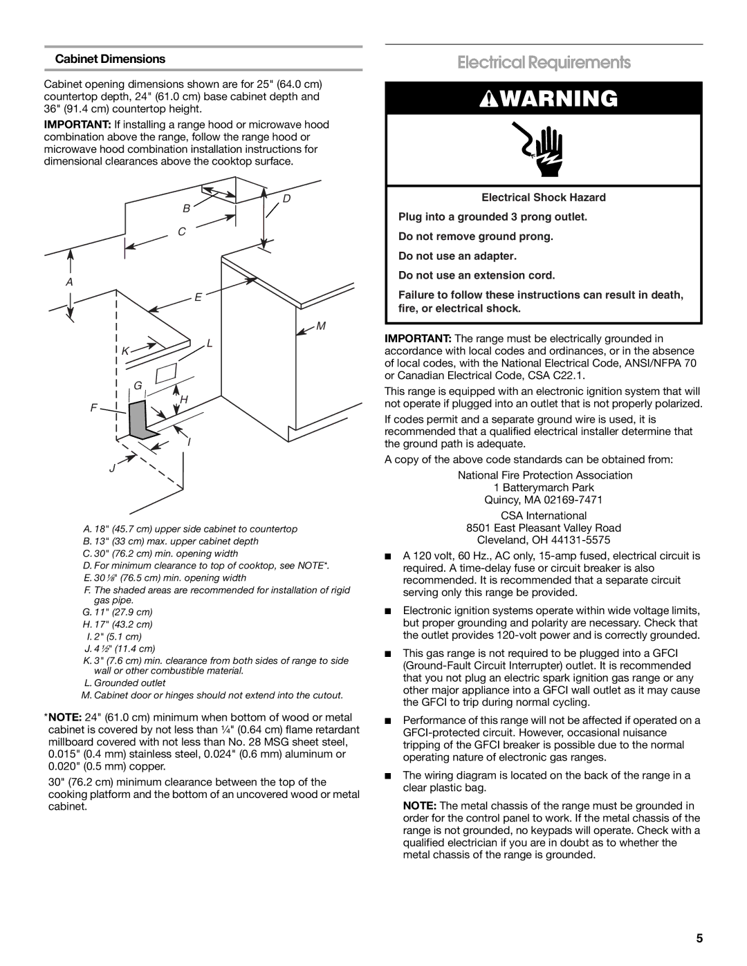 Whirlpool W10553363A installation instructions Electrical Requirements, Cabinet Dimensions 