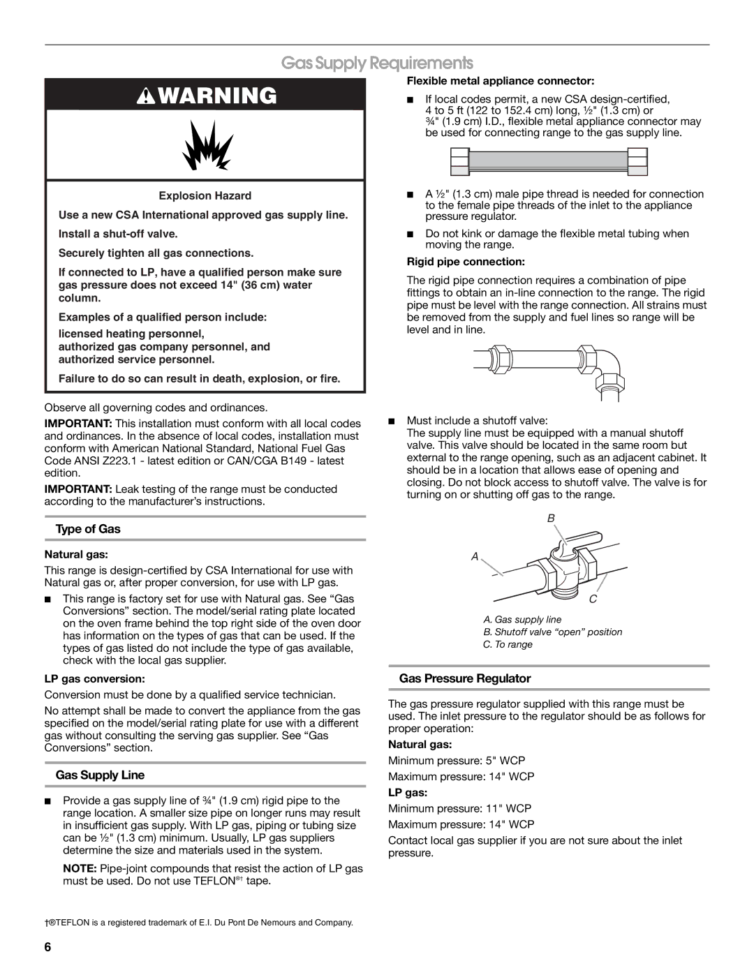 Whirlpool W10553363A Gas Supply Requirements, Type of Gas, Gas Supply Line, Gas Pressure Regulator 