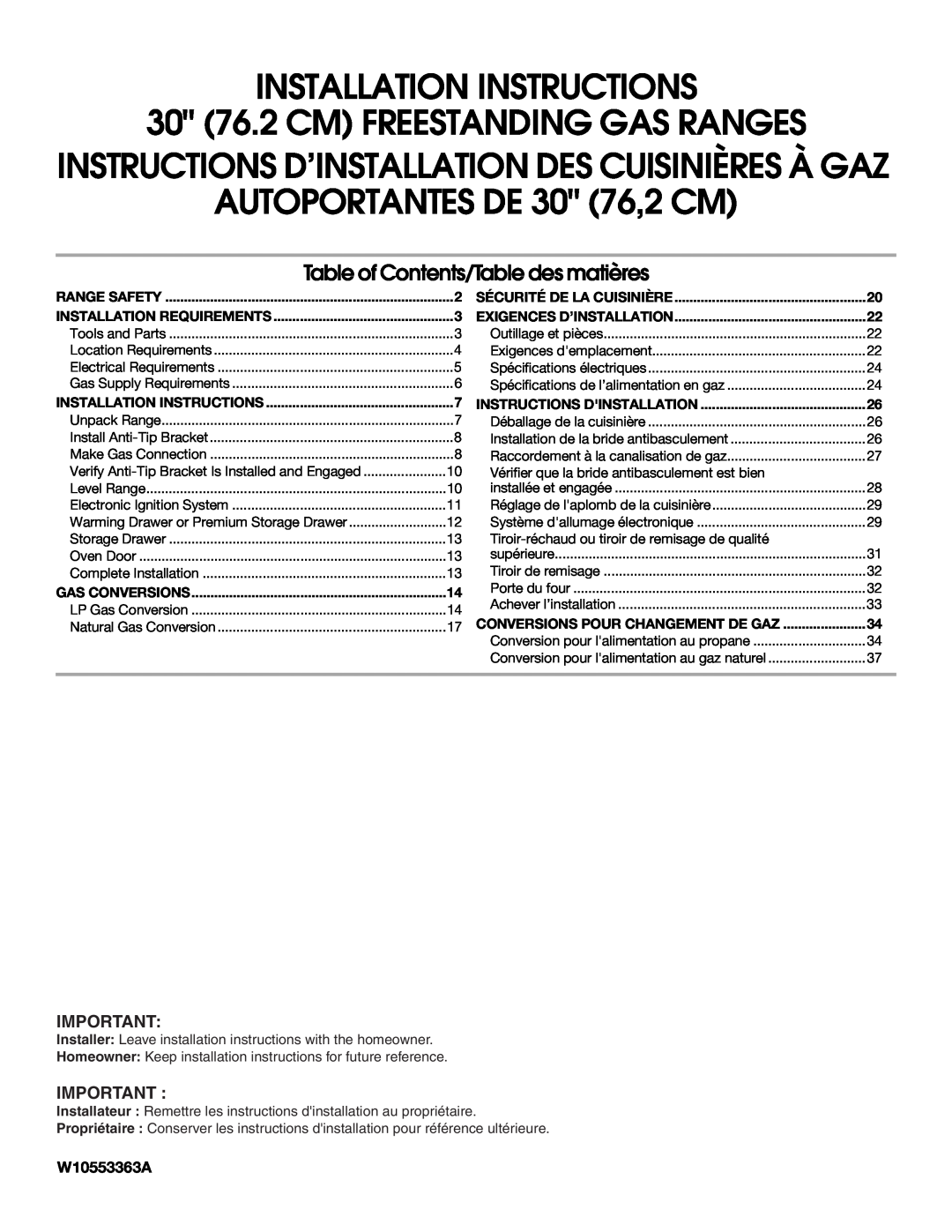 Whirlpool W10553363A installation instructions Instructions D’Installation Des Cuisinières À Gaz, Range Safety 