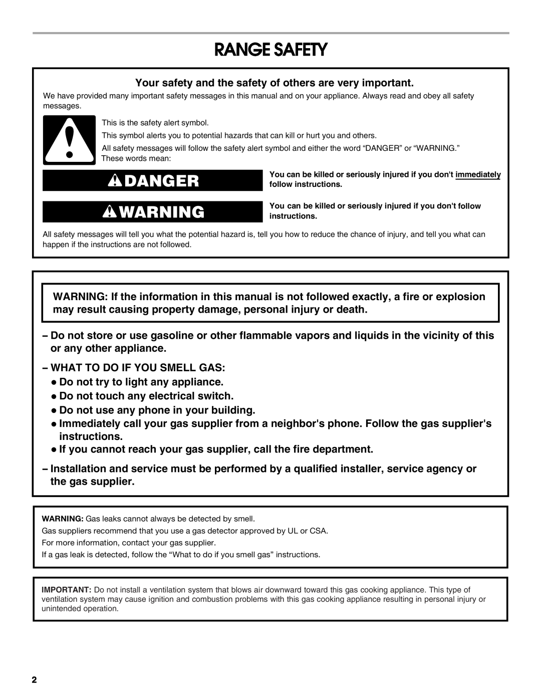 Whirlpool W10553363A installation instructions Range Safety, Danger 