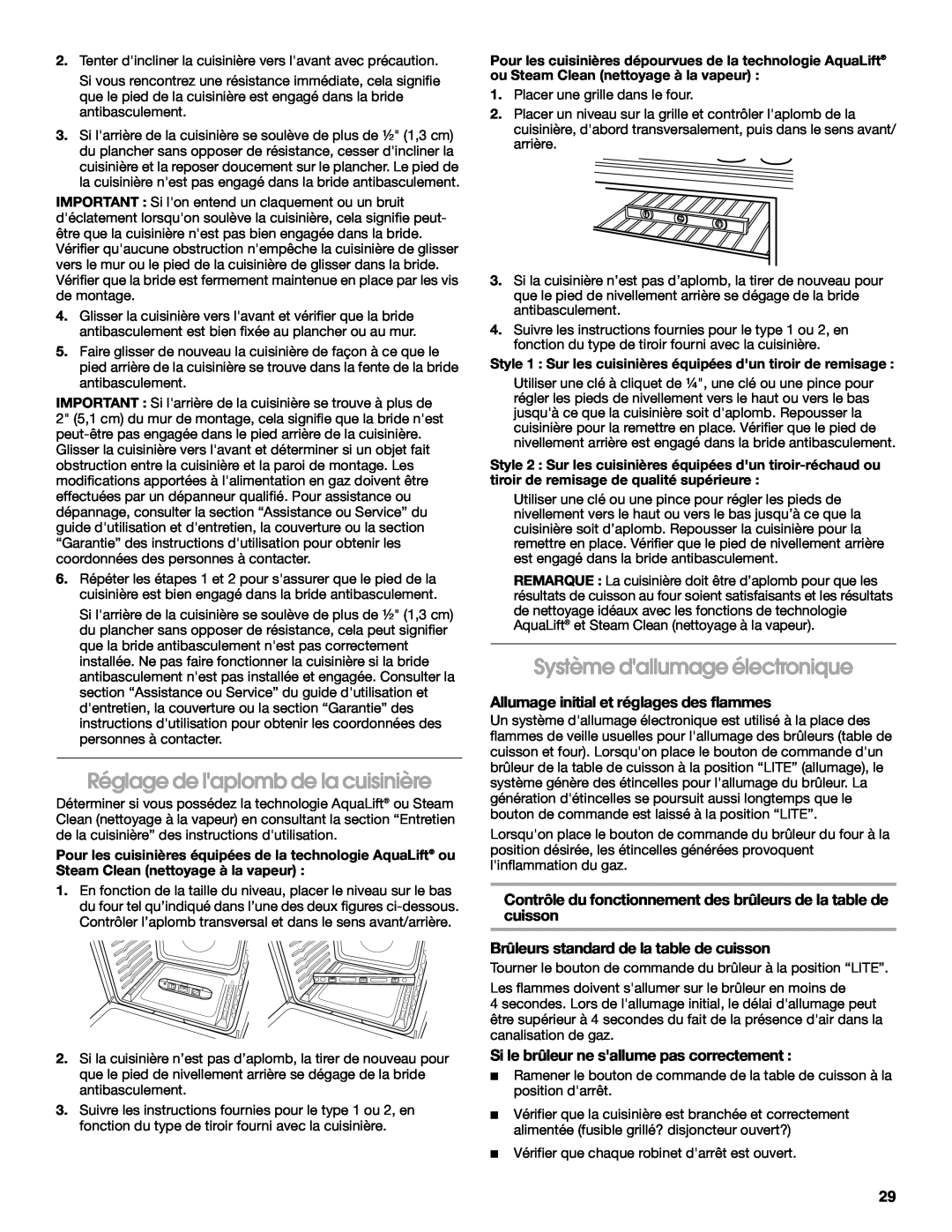 Whirlpool W10553363A installation instructions Réglage de laplomb de la cuisinière, Système dallumage électronique 