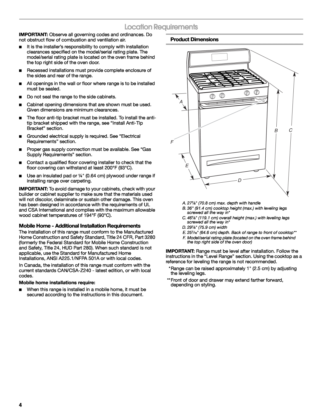 Whirlpool W10553363A Location Requirements, Mobile Home - Additional Installation Requirements, Product Dimensions 