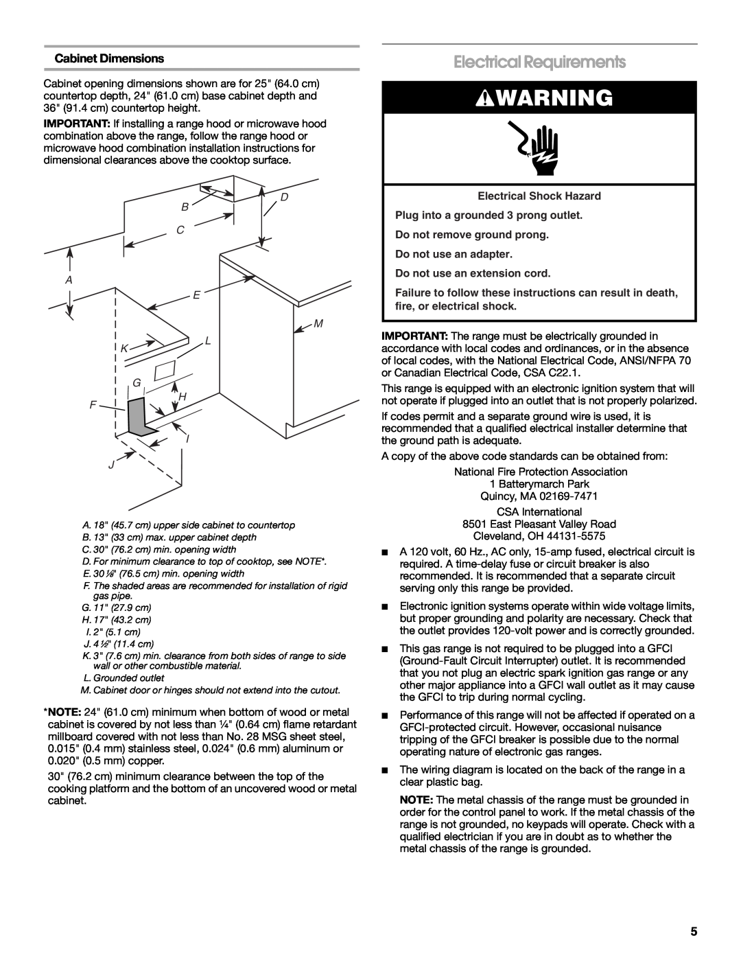 Whirlpool W10553363A installation instructions Electrical Requirements, Cabinet Dimensions, D B C A E M L K G H F I J 