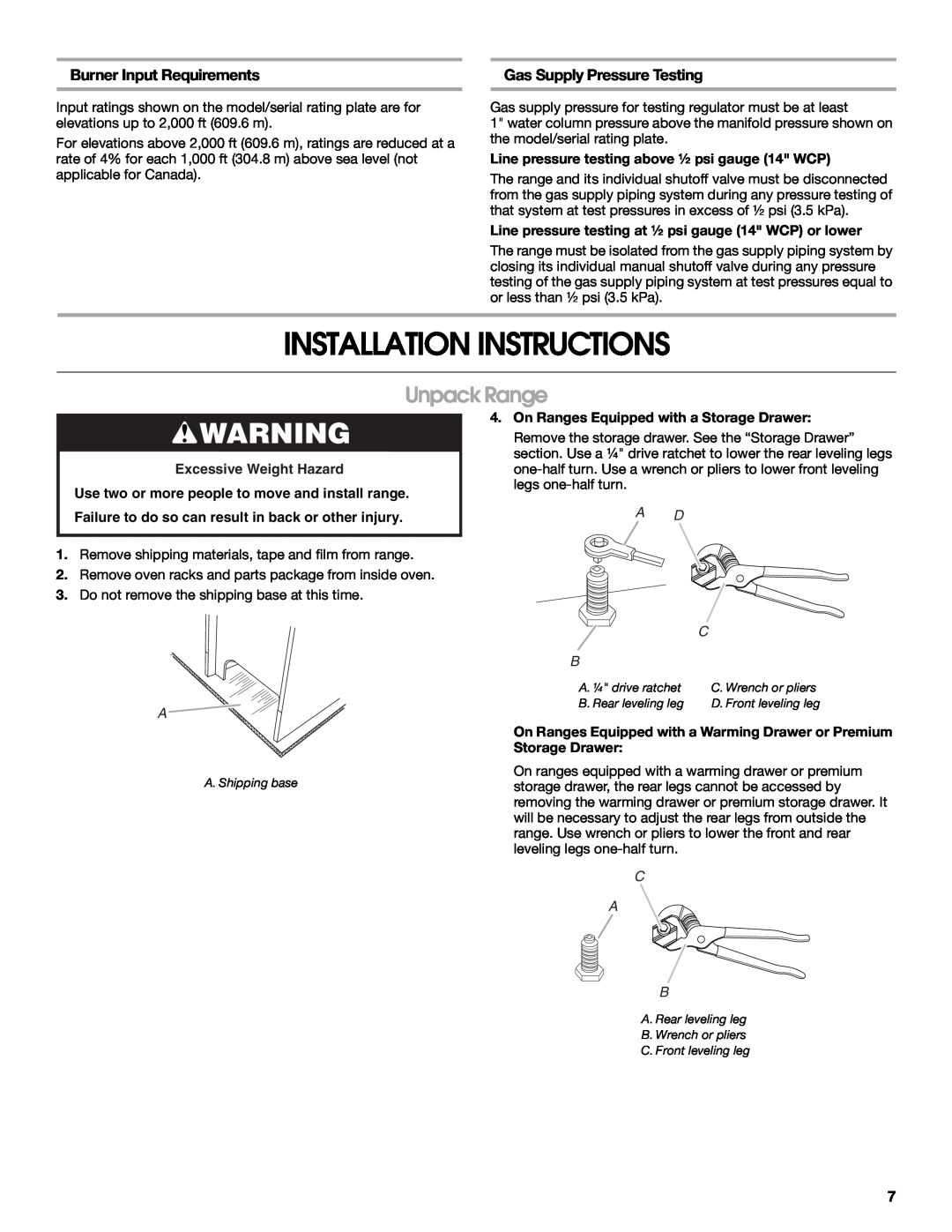 Whirlpool W10553363A Installation Instructions, Unpack Range, Burner Input Requirements, Gas Supply Pressure Testing 