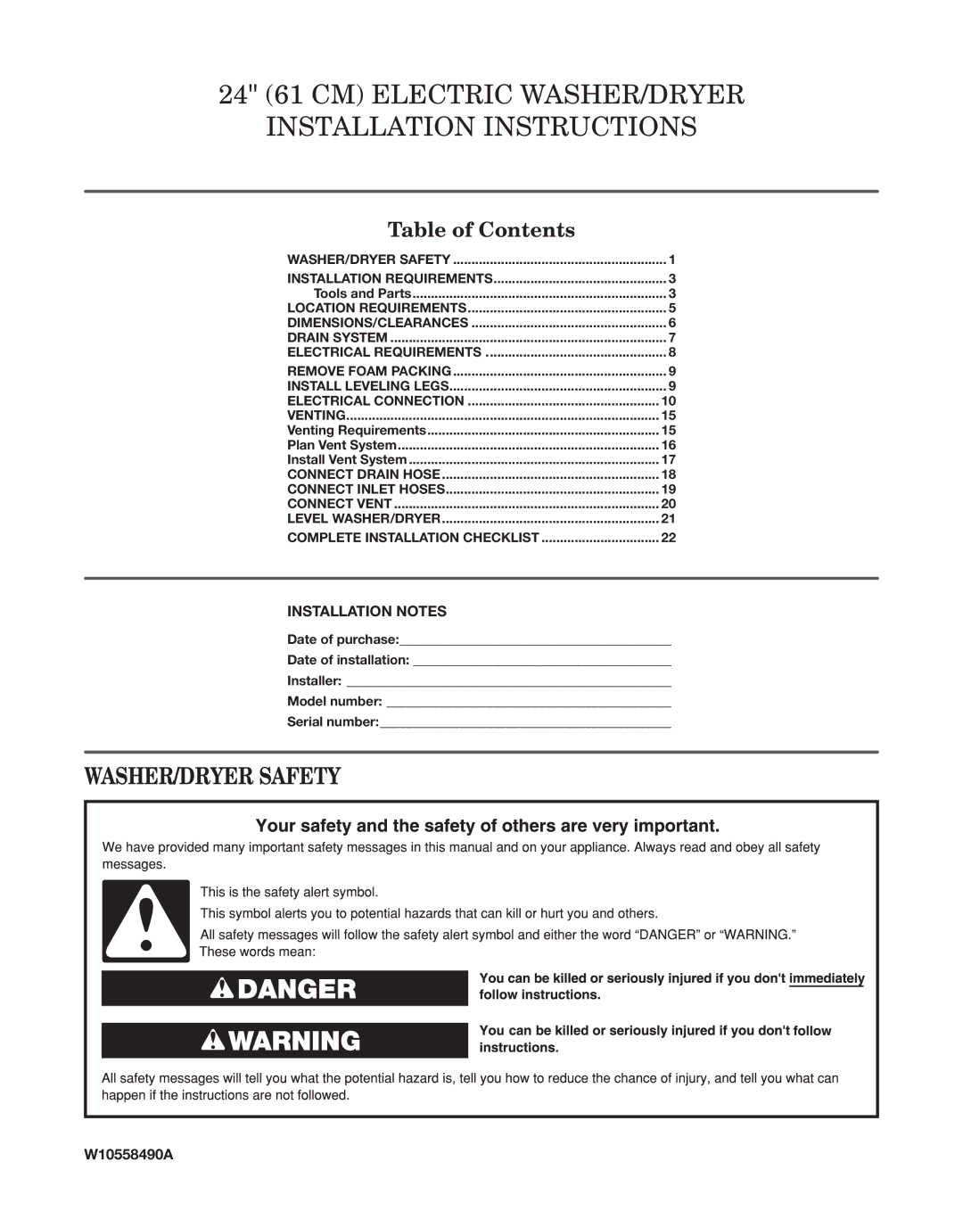 Whirlpool W10558490A installation instructions WASHER/DRYER Safety, Table of Contents 