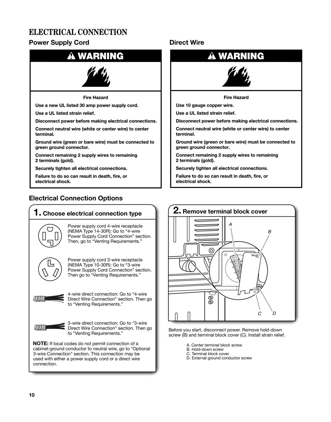 Whirlpool W10558490A Electrical Connection, Choose electrical connection type, Remove terminal block cover 