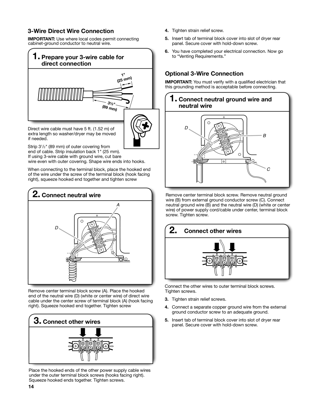 Whirlpool W10558490A installation instructions Prepare your 3-wire cable for direct connection, Optional 3-Wire Connection 