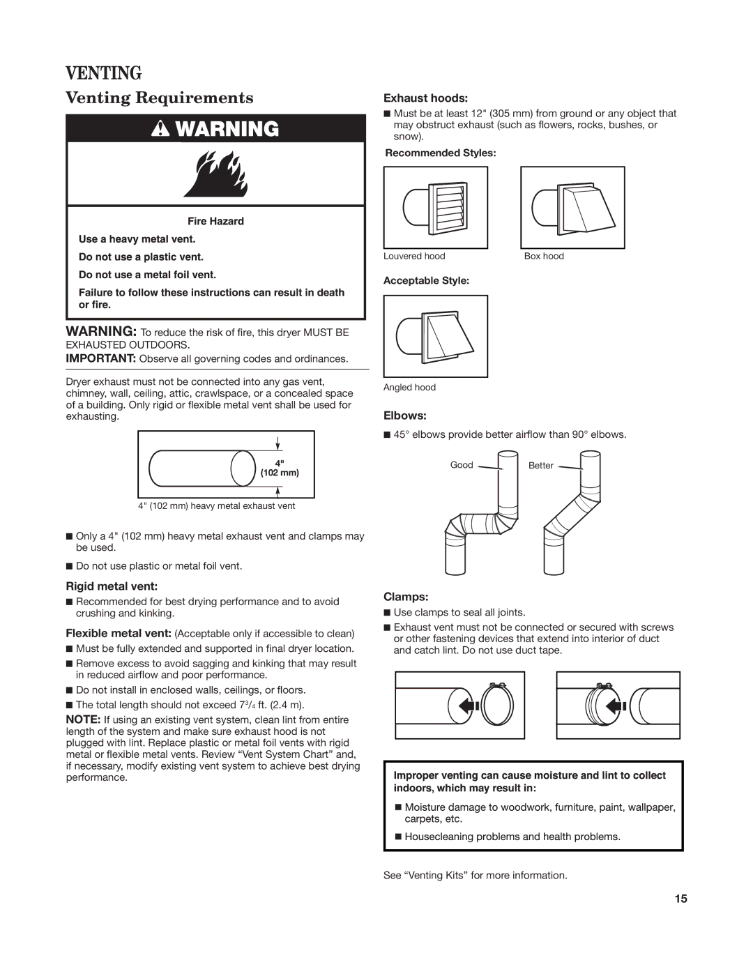 Whirlpool W10558490A installation instructions Venting Requirements 