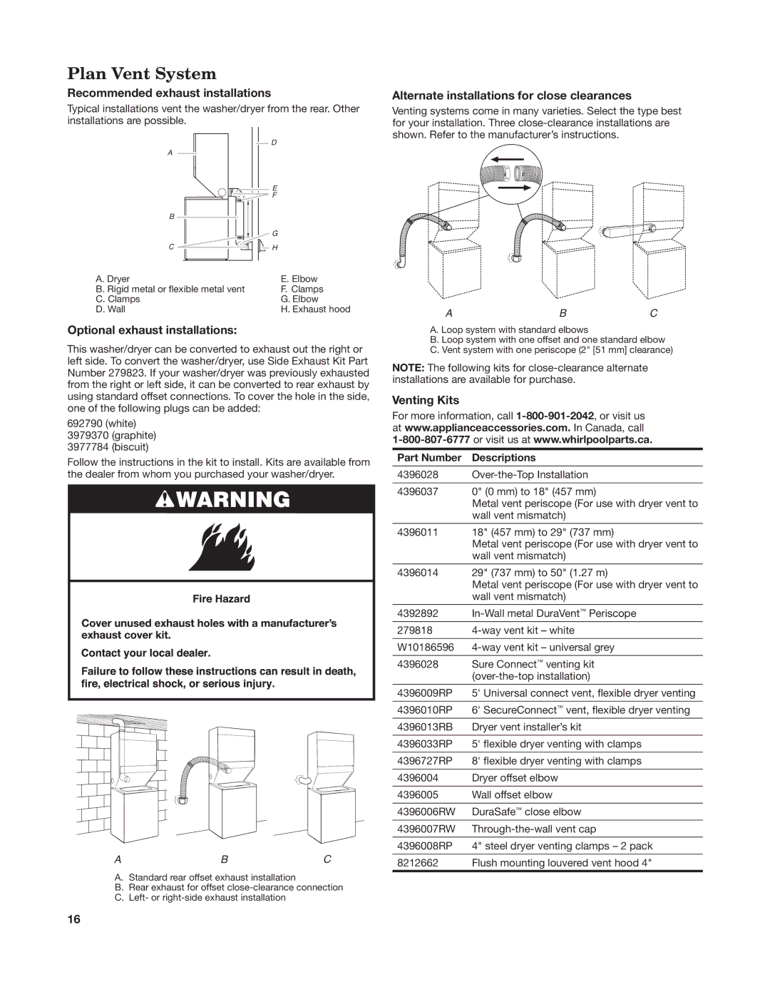 Whirlpool W10558490A Plan Vent System, Recommended exhaust installations, Optional exhaust installations, Venting Kits 