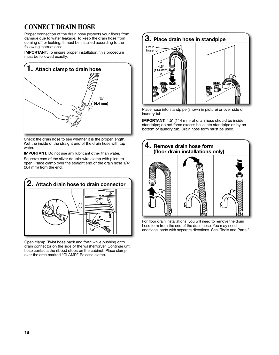 Whirlpool W10558490A Connect Drain Hose, Attach clamp to drain hose, Attach drain hose to drain connector 