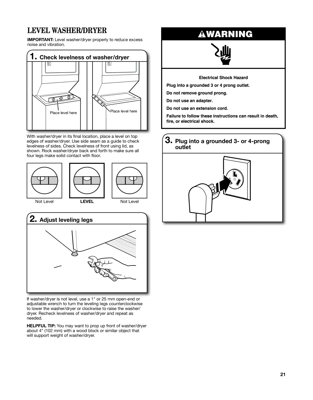 Whirlpool W10558490A installation instructions Level WASHER/DRYER, Check levelness of washer/dryer, Adjust leveling legs 