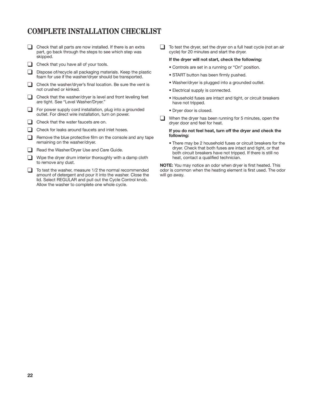 Whirlpool W10558490A Complete Installation Checklist, If the dryer will not start, check the following 