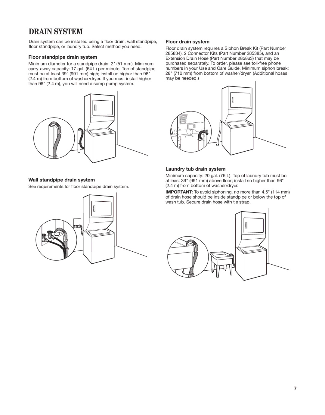 Whirlpool W10558490A Drain System, Floor standpipe drain system, Wall standpipe drain system, Floor drain system 