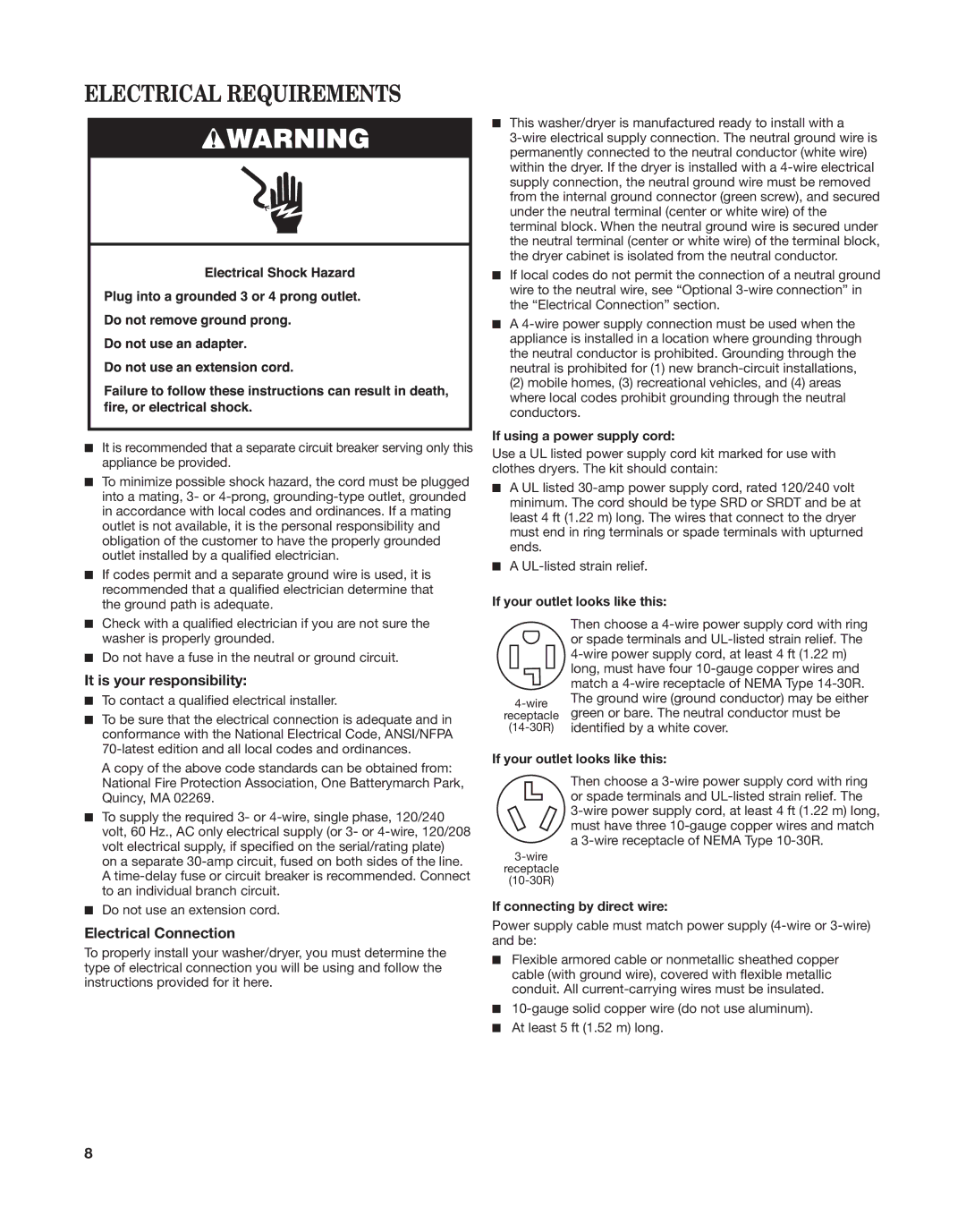 Whirlpool W10558490A installation instructions Electrical Requirements, It is your responsibility, Electrical Connection 