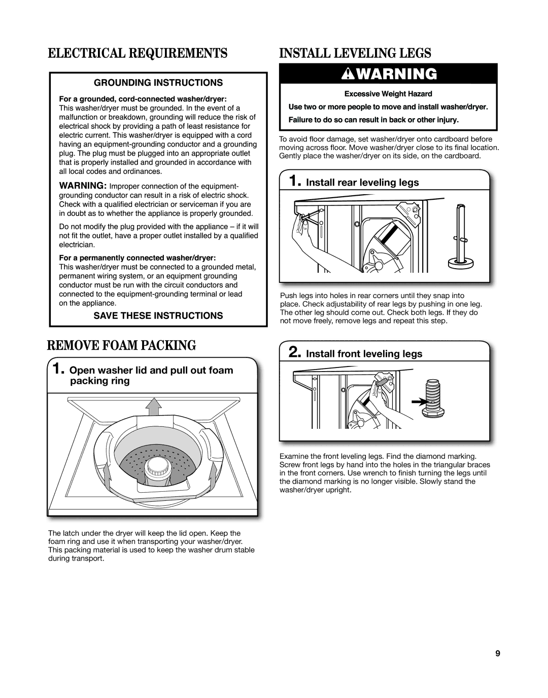 Whirlpool W10558490A installation instructions Open washer lid and pull out foam packing ring, Install rear leveling legs 