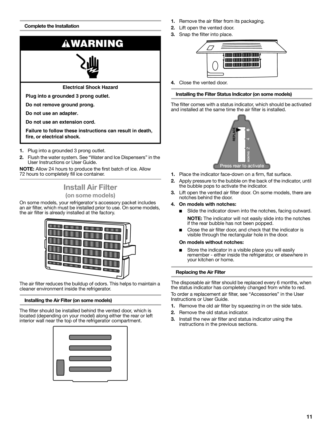 Whirlpool W10632883A installation instructions Install Air Filter 