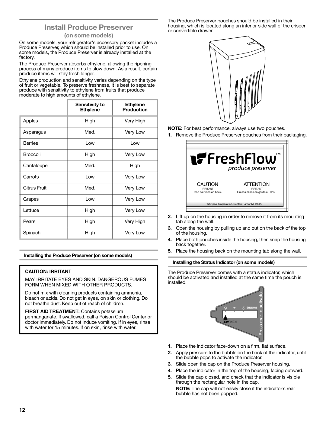 Whirlpool W10632883A installation instructions Install Produce Preserver, Sensitivity to Ethylene Production 