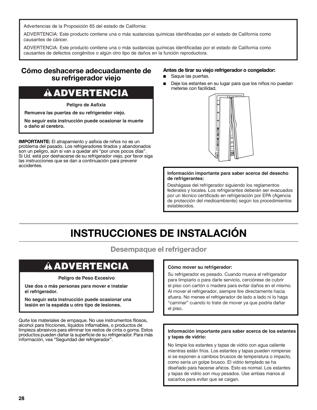 Whirlpool W10632883A installation instructions Instrucciones DE Instalación, Desempaque el refrigerador 