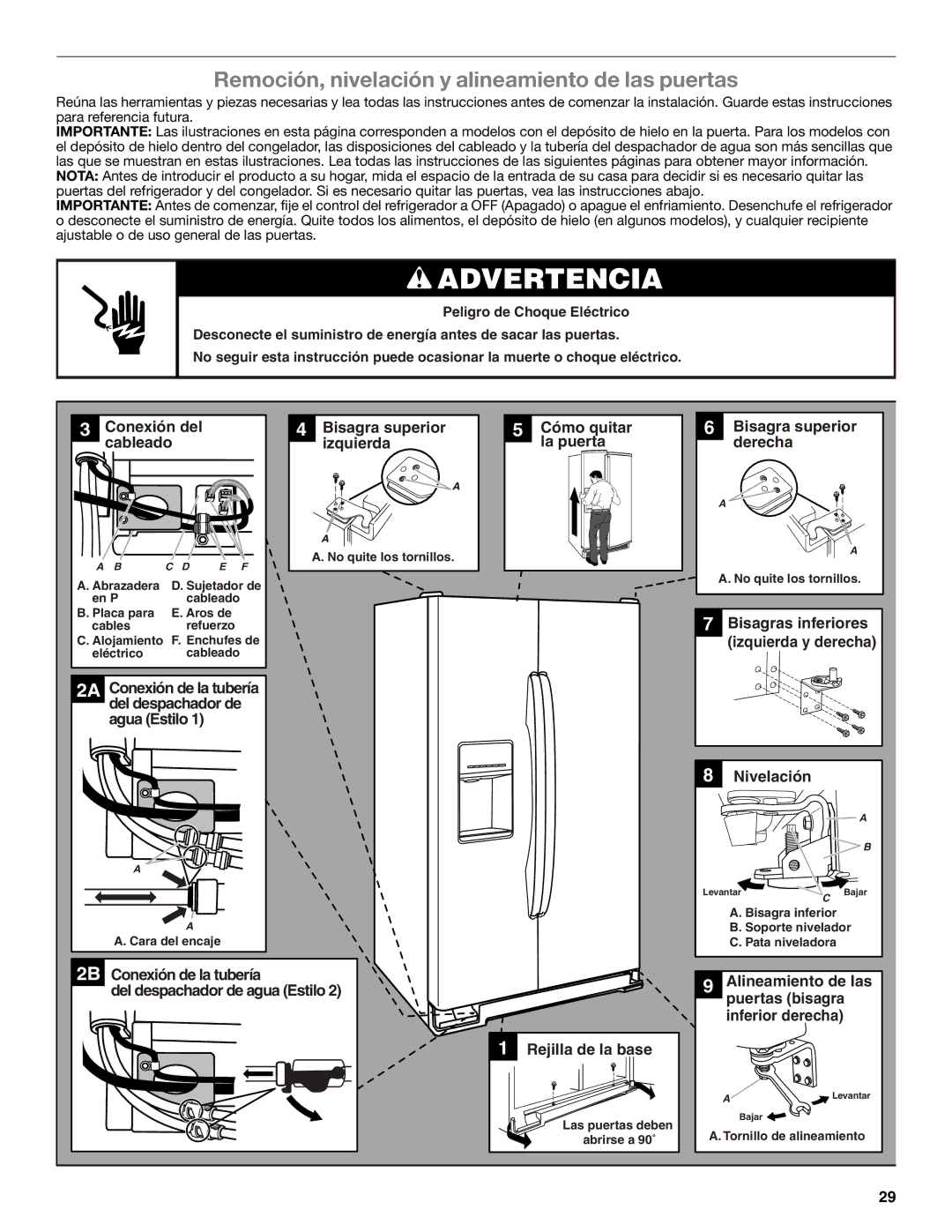 Whirlpool W10632883A Remoción, nivelación y alineamiento de las puertas, Cómo quitar la puerta Bisagra superior derecha 