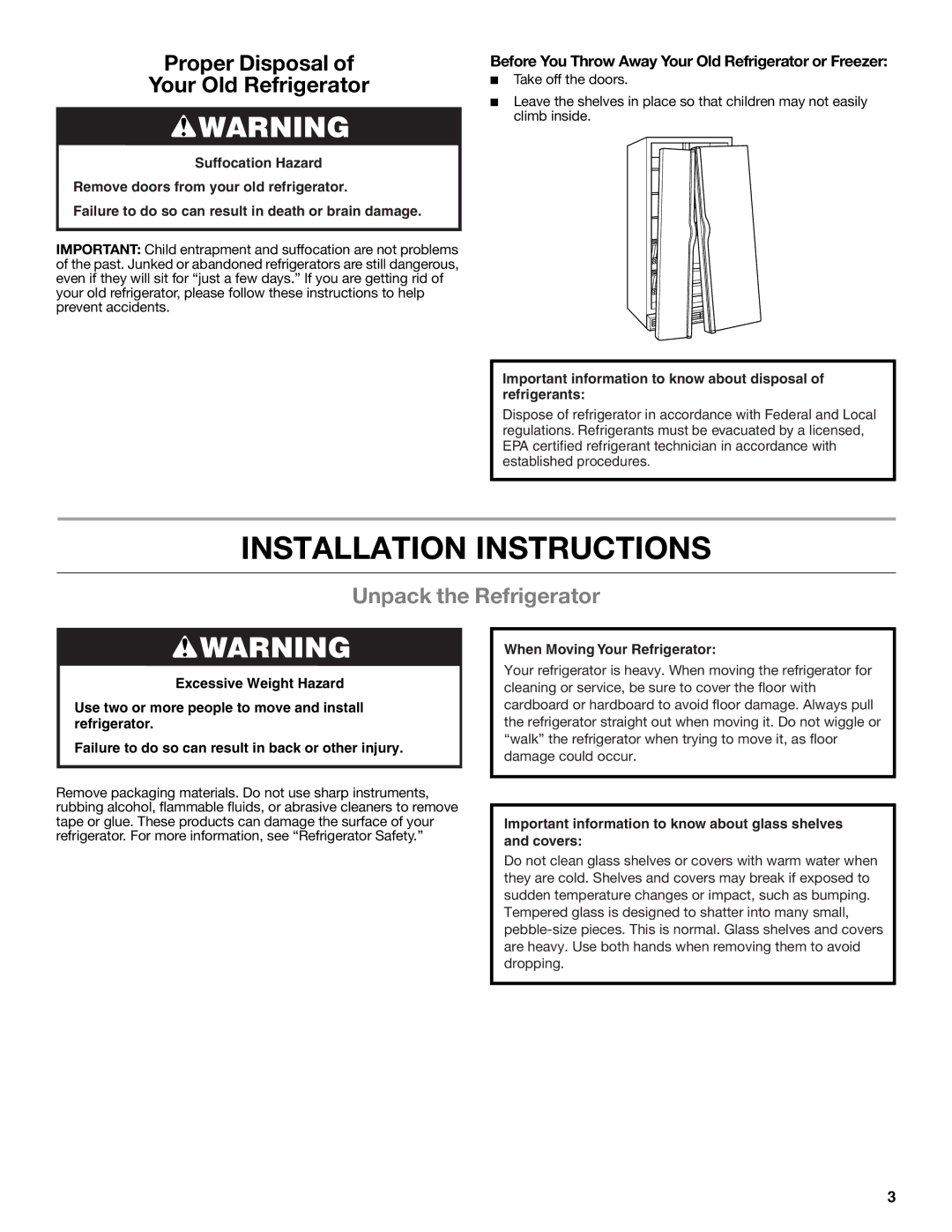 Whirlpool W10632883A installation instructions Installation Instructions, Unpack the Refrigerator 