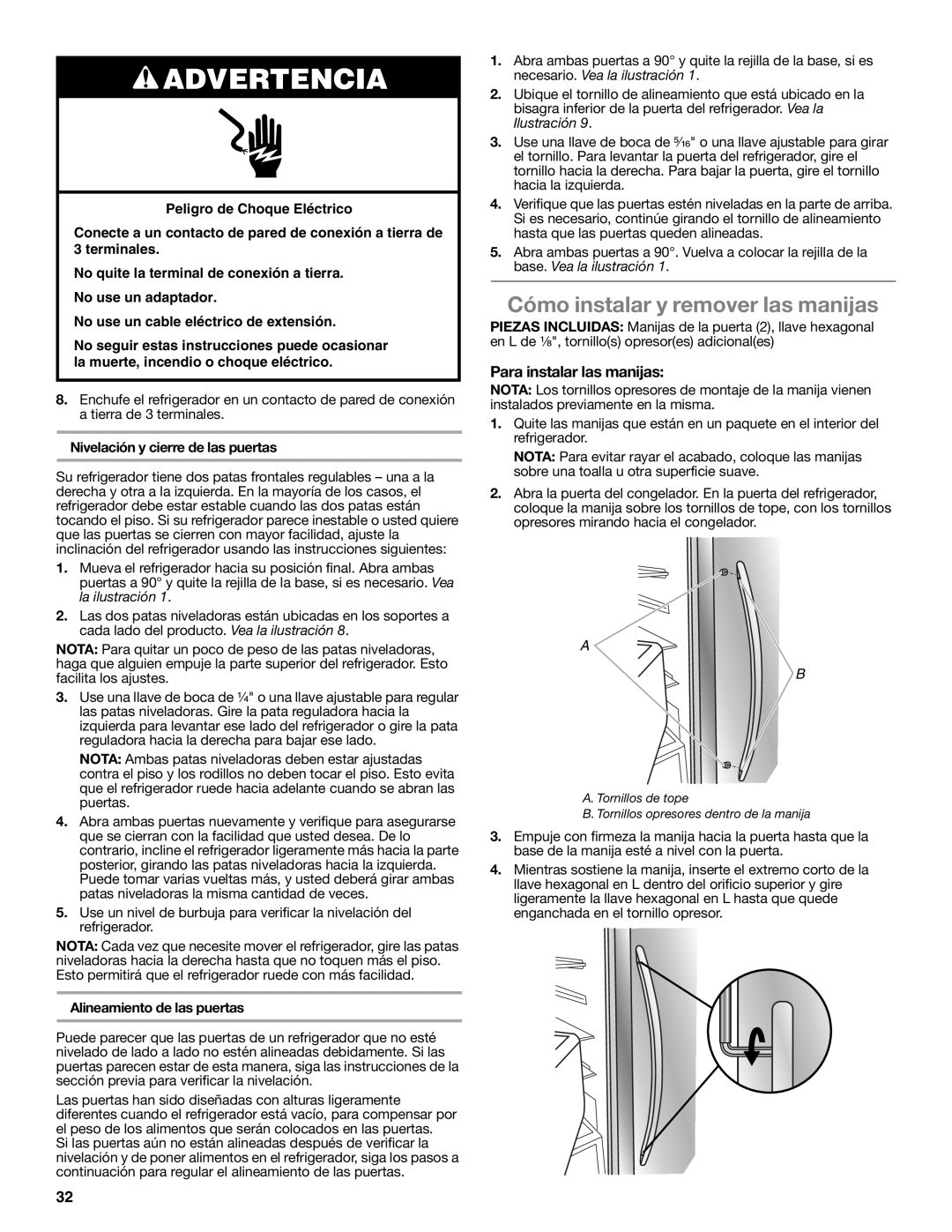 Whirlpool W10632883A Cómo instalar y remover las manijas, Para instalar las manijas, Nivelación y cierre de las puertas 