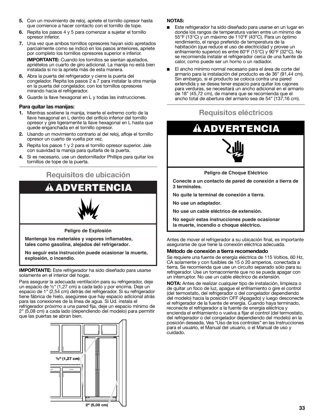 Whirlpool W10632883A Requisitos de ubicación, Requisitos eléctricos, Para quitar las manijas, Notas 