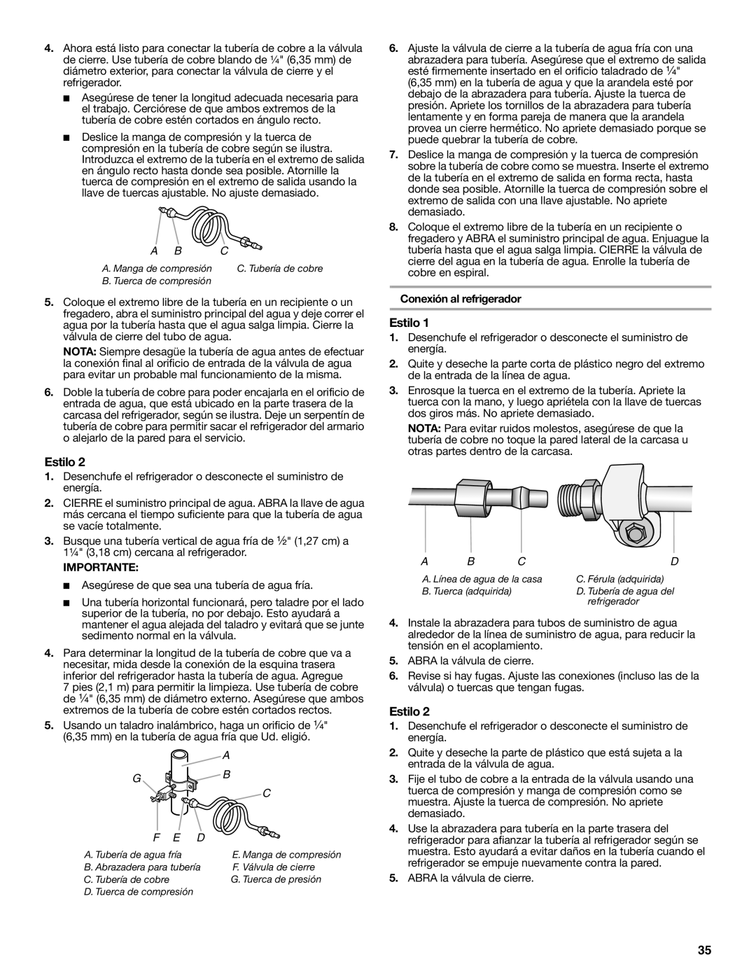 Whirlpool W10632883A installation instructions Estilo, Conexión al refrigerador 