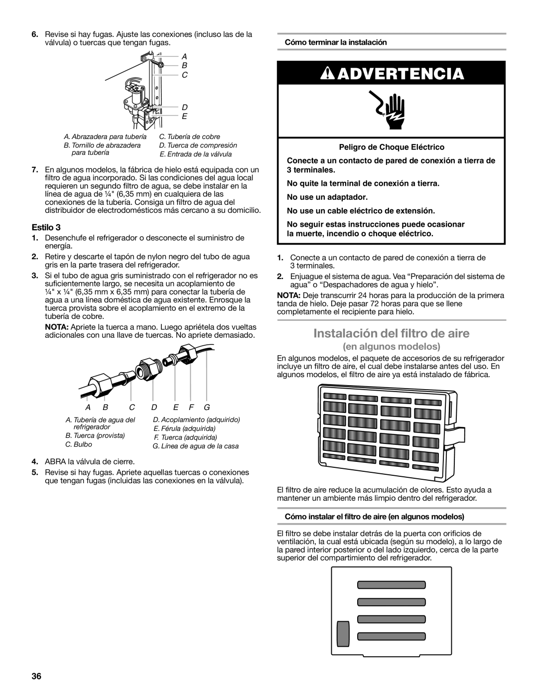 Whirlpool W10632883A installation instructions Instalación del filtro de aire, Cómo terminar la instalación 