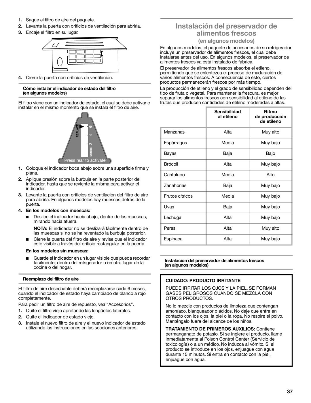 Whirlpool W10632883A installation instructions Instalación del preservador de Alimentos frescos, En los modelos con muescas 