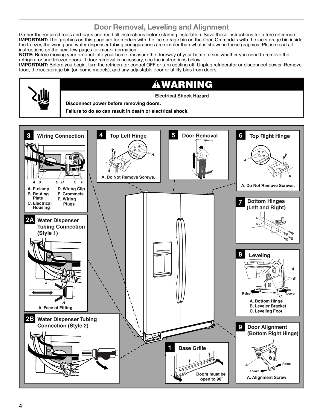 Whirlpool W10632883A installation instructions Door Removal, Leveling and Alignment, Base Grille 