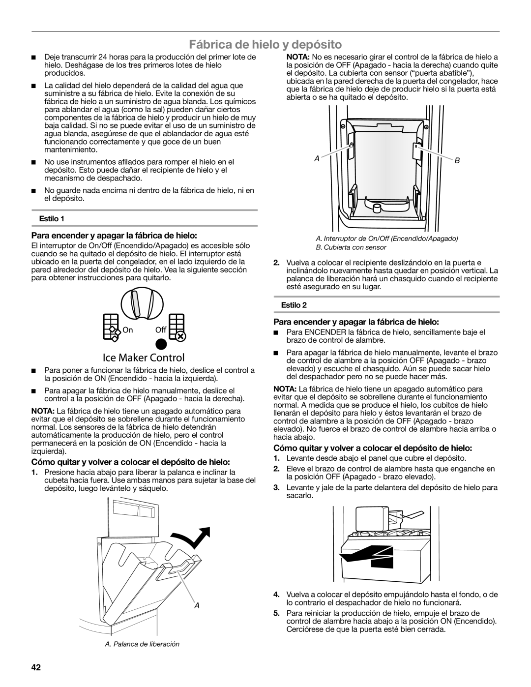 Whirlpool W10632883A Fábrica de hielo y depósito, Para encender y apagar la fábrica de hielo, Estilo 