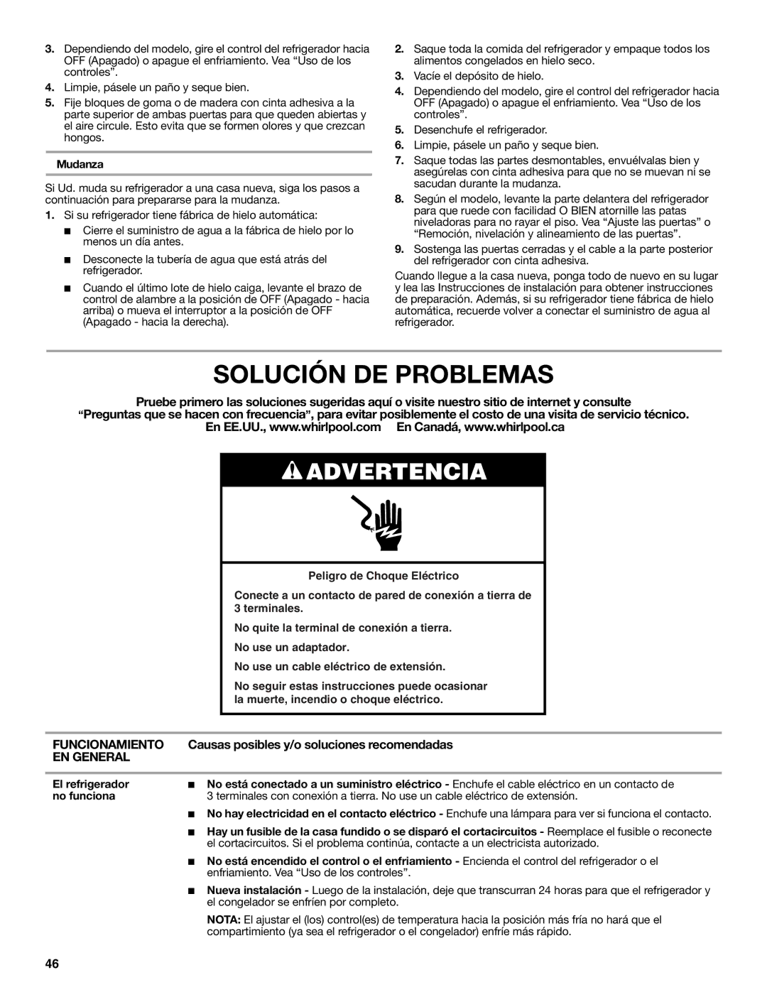 Whirlpool W10632883A installation instructions Solución DE Problemas, Causas posibles y/o soluciones recomendadas, Mudanza 