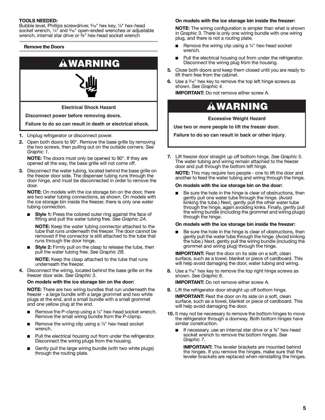 Whirlpool W10632883A installation instructions Tools Needed, On models with the ice storage bin on the door 