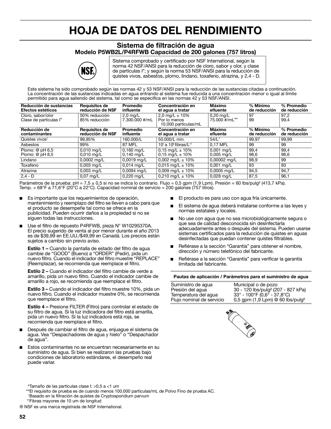 Whirlpool W10632883A installation instructions Hoja DE Datos DEL Rendimiento, Sistema de filtración de agua 