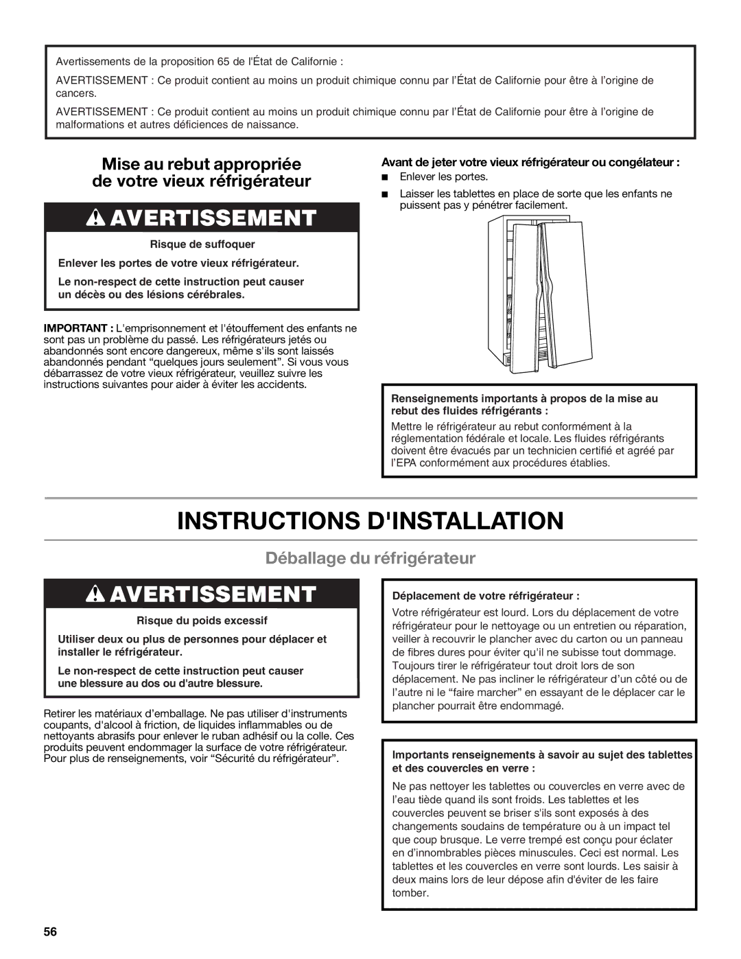 Whirlpool W10632883A installation instructions Instructions Dinstallation, Déballage du réfrigérateur 