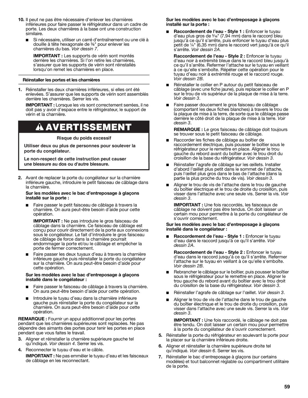 Whirlpool W10632883A installation instructions Réinstaller les portes et les charnières 