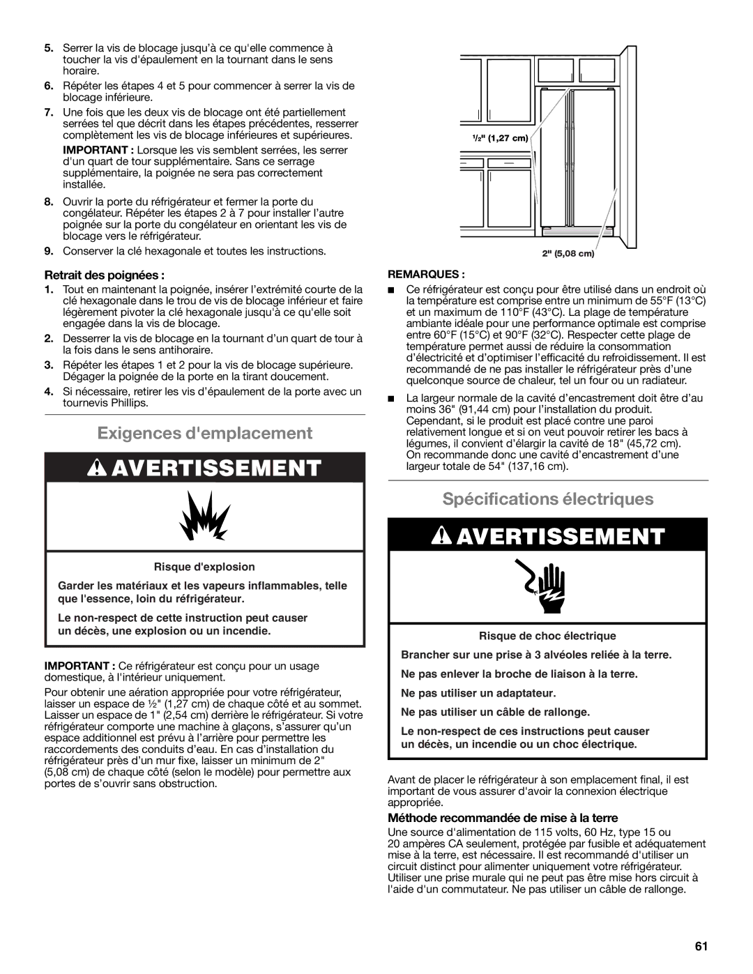 Whirlpool W10632883A Exigences demplacement, Spécifications électriques, Retrait des poignées, Remarques 