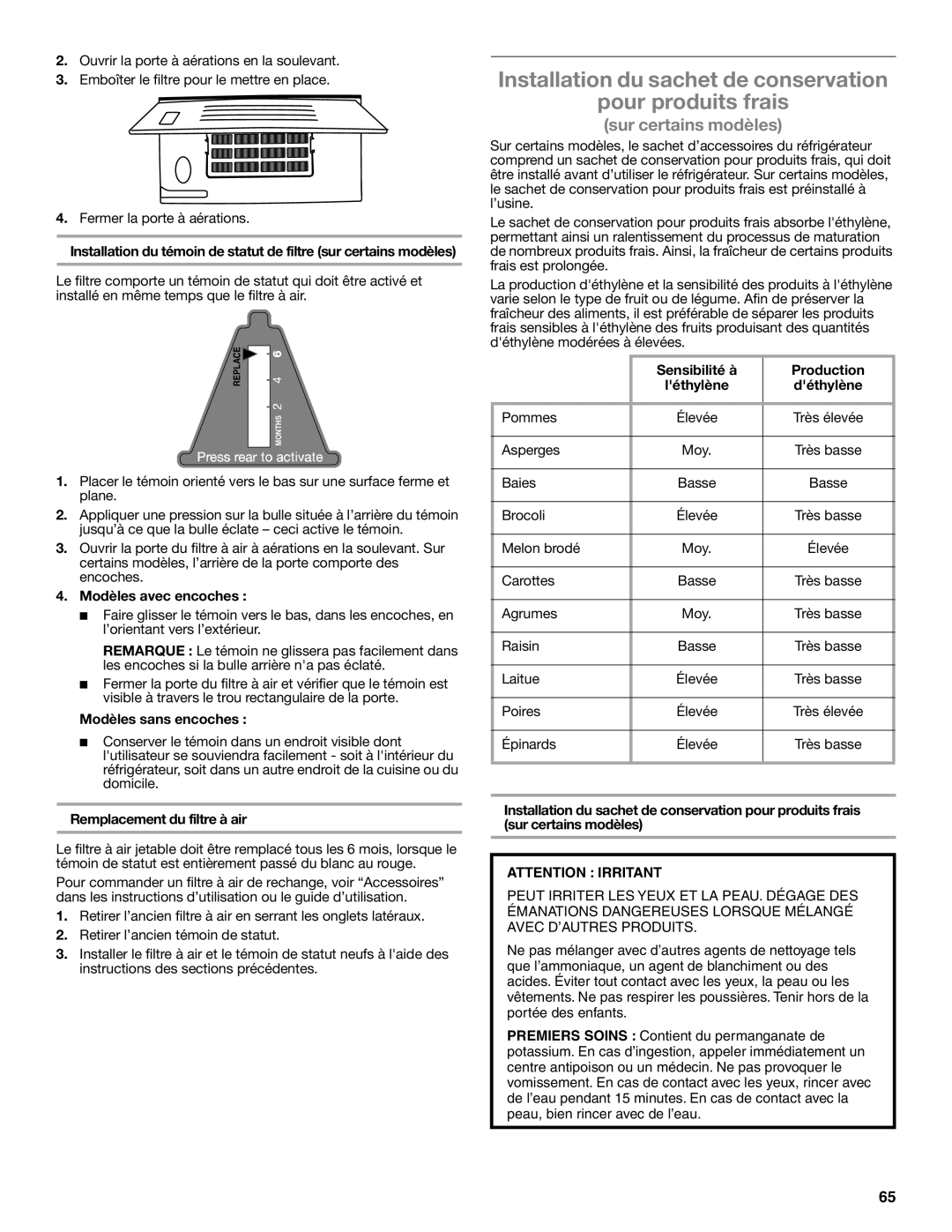 Whirlpool W10632883A Installation du sachet de conservation Pour produits frais, Modèles avec encoches 