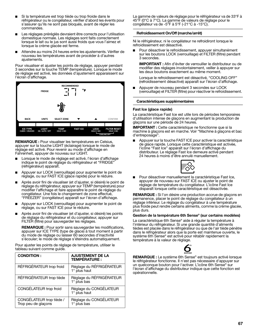 Whirlpool W10632883A installation instructions Condition Ajustement DE LA Température, Refroidissement On/Off marche/arrêt 