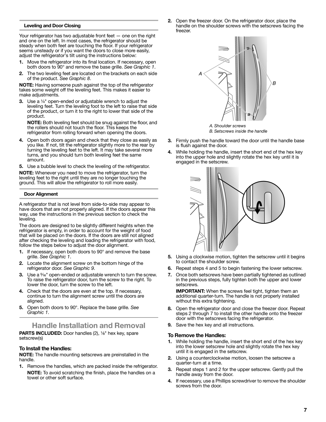 Whirlpool W10632883A Handle Installation and Removal, To Install the Handles, To Remove the Handles, Door Alignment 