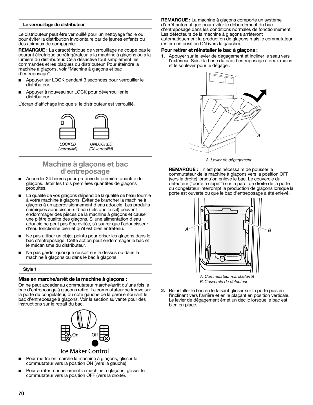 Whirlpool W10632883A Machine à glaçons et bac Dentreposage, Mise en marche/arrêt de la machine à glaçons 