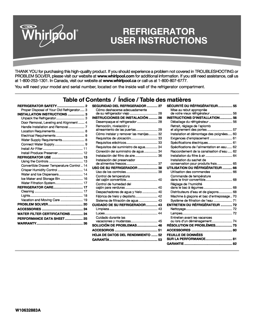 Whirlpool W10632883A installation instructions Refrigerator User Instructions 