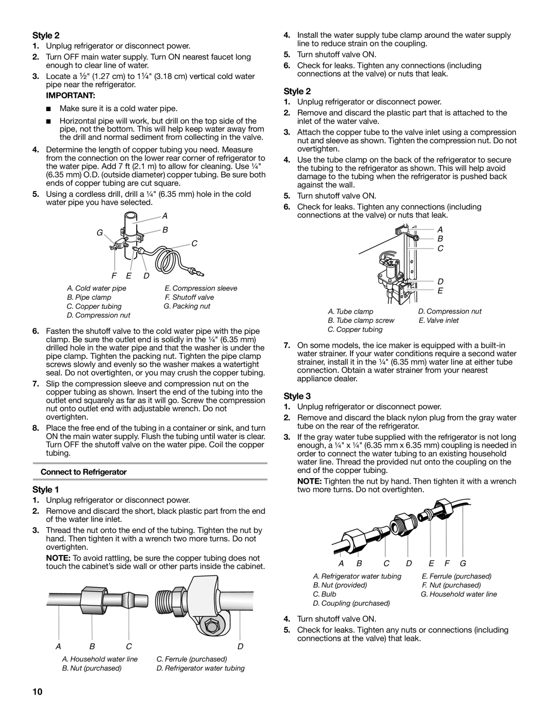 Whirlpool W10632883A installation instructions Style, E F G 