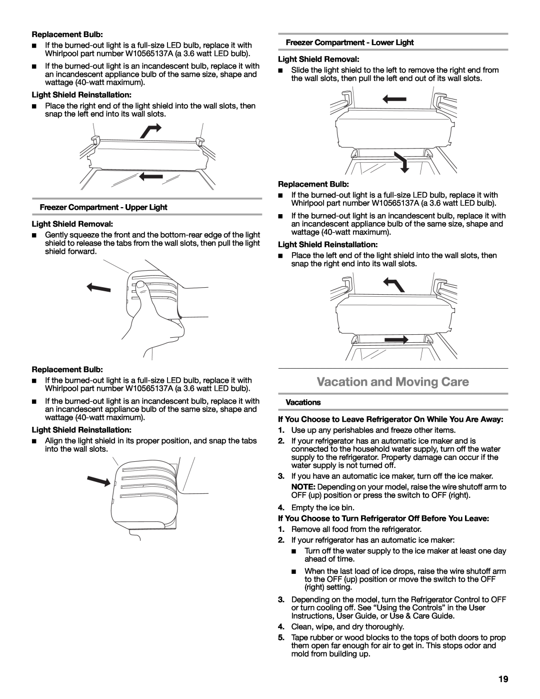 Whirlpool W10632883A installation instructions Vacation and Moving Care 